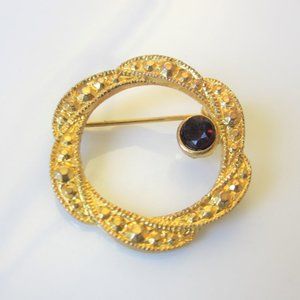 Vintage Gold Circle Pin Brooch w/ Red Rhinestone